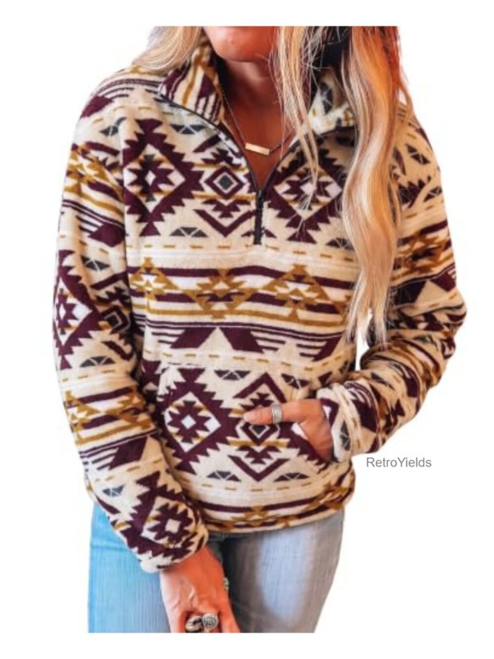 Aztec Half Zip Sherpa Fleece Sweatshirt Western Pullover Women